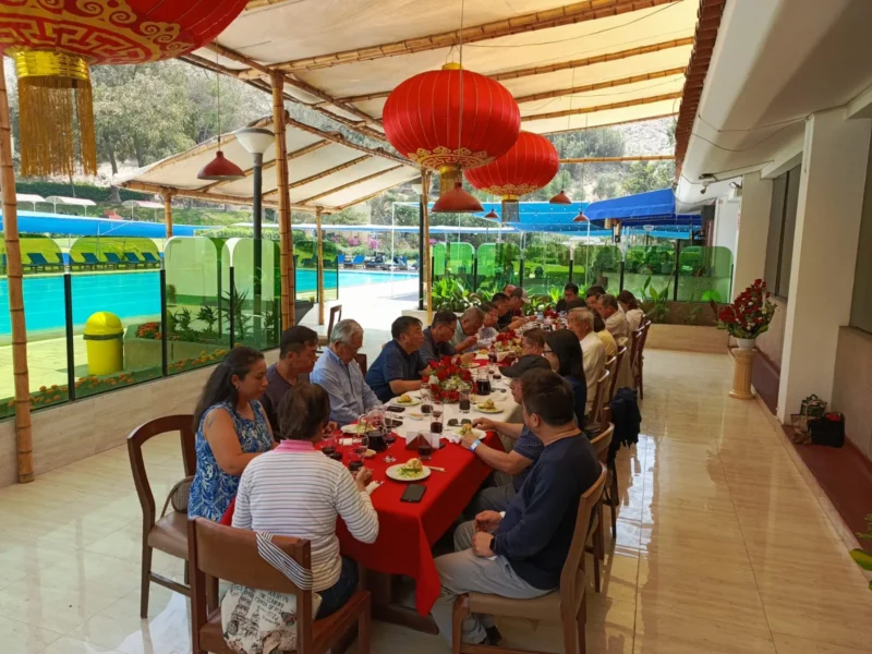 Terraza con linternas chinas junto a la piscina